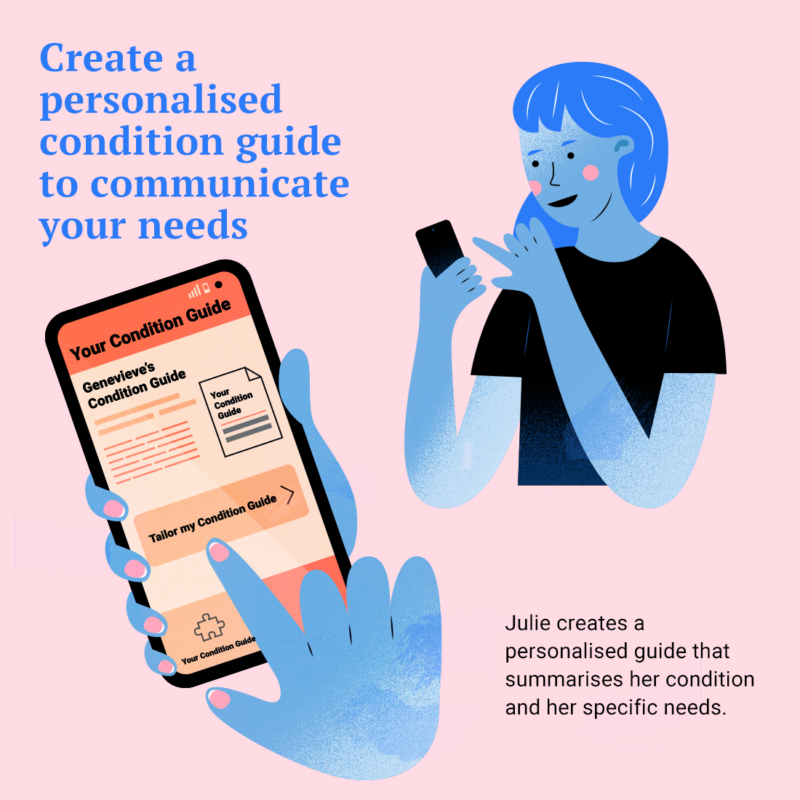 Julie creates a personalised condition guide that summarises her condition and specific needs.